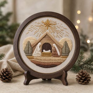 Può includere: Un ricamo circolare su telaio che raffigura una scena della natività con una stalla, una stella e figure in tonalità neutre di marrone, crema e verde. Il ricamo è inserito in una cornice di legno scuro su un supporto in legno abbinato.