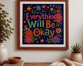 Alles komt goed - Kruissteekpakket, Inspirerend borduurpakket, Positieve quote - Doe-het-zelf borduurcadeau