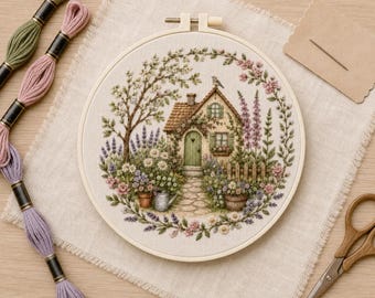 Puede incluir: Un bastidor de bordado circular que contiene un panel de tela con una escena bordada detallada de una casa de campo rodeada de flores, un árbol y un camino de piedra. Junto al bastidor hay tres madejas de hilo de bordar en verde, rosa y morado.
