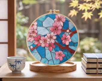 Cherry Blossom Embroidery Kit, Sakura DIY Needlework Set, Floral Stained Glass Hoop Art