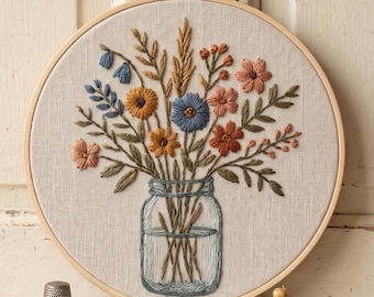 Puede incluir: Un bastidor de bordado circular de madera que contiene una tela de color beige claro con un diseño bordado a mano de un ramo de flores silvestres en un frasco de vidrio. Las flores están hechas con hilos azules, amarillos, naranjas y rosas.