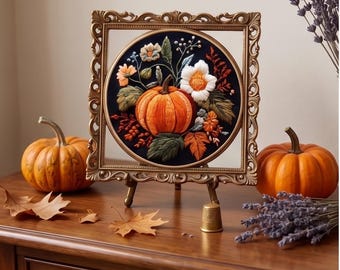 Puede incluir: Una pieza de bordado circular con una calabaza naranja rodeada de flores blancas y naranjas y hojas verdes, dentro de un marco cuadrado dorado ornamentado. La obra se exhibe en un pequeño soporte con un dedal dorado colocado delante.