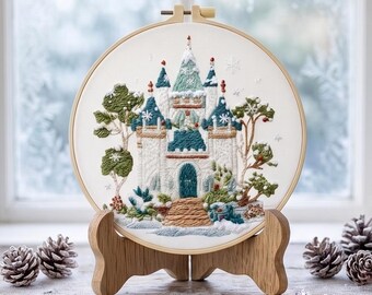 Kit de bordado Castillo de Invierno, Set de costura DIY de cuento de hadas, Arte de bastidor de fantasía nevada