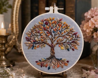 Kit de bordado Árbol de la Vida para principiantes, Kit de bordado DIY Árbol de otoño, Kit de punto de aguja de naturaleza, Manualidades de bordado a mano Bosque, Regalo DIY