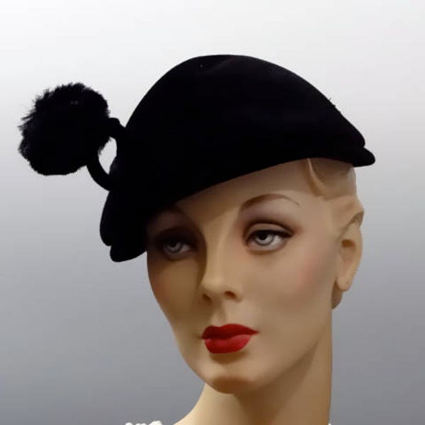 Black Velvet Hat Toque Cone Crown with Feather Poof 1950's Vintage Accessories