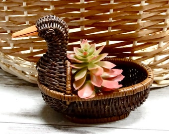 Wicker Duck Basket Vintage Mid Century Decor Succulent Planter Air Plant or Trinket Holder Catch All Basket