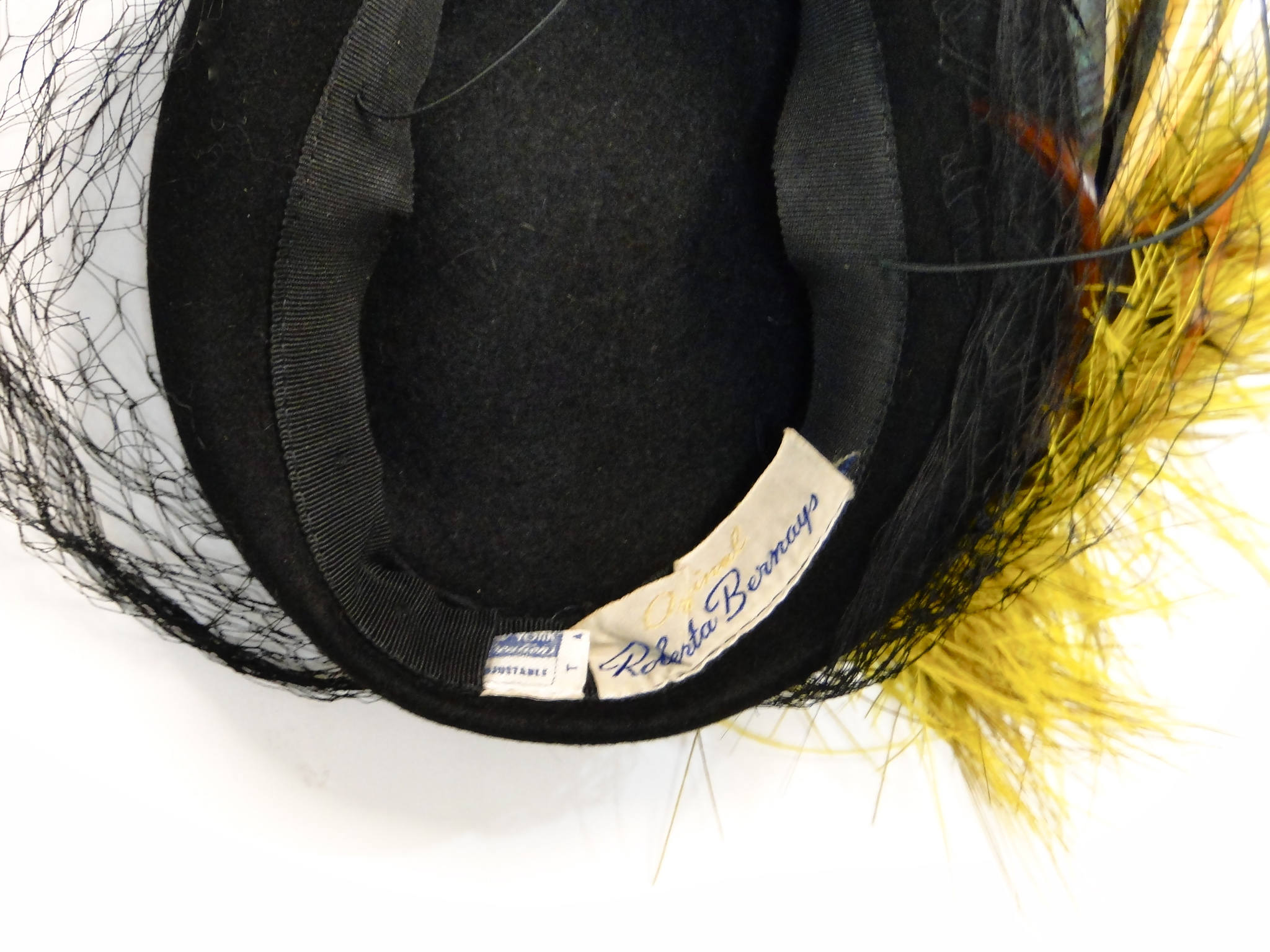 ADORABLE 1940s\' BLACK TILT HAT + RED FEATHERS & VEIL Vintage 1940s black straw hat with taffeta ribbon, wired  main image 2