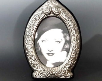 Vintage Photo Frame Silver Punched Metal Tin with Black Velvet Stand 1940's