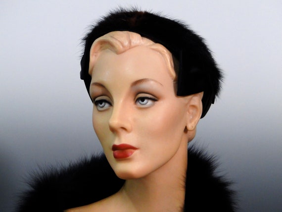 Black Taffeta and Fur Half Hat Women's Vintage Coc
