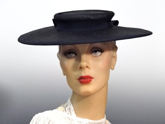 1940's Hat Women's Platter Hat Low Crown Navy Stra