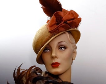 Women's Tilt Hat "New York Creation" 1940's Vintage Straw Panama Boater with Large Feather Plume and Ribbon Bows