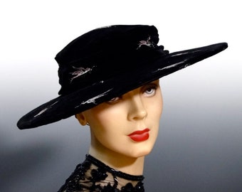 1930's Hat Women's Soft Crown Draped in Luxurious Black Velvet with Hand Painted Bird Motif