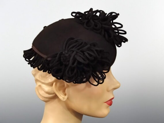 Chocolate Brown Felt Tilt Hat Calot with Looped T… - image 8