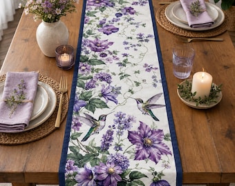 Purple Floral Hummingbird Cotton Table Runner, Botanical Farmhouse Decor, Elegant Spring Dining Table Accent