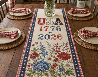 Cotton Patriotic Table Runner, USA 1776 2026 Table Decor, Americana Floral Runner, 4th of July Dining Decor