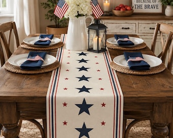 Patriotic Cotton Table Runner, 4th of July Table Decor, Stars and Stripes Farmhouse Runner, Americana Dining Room Decor