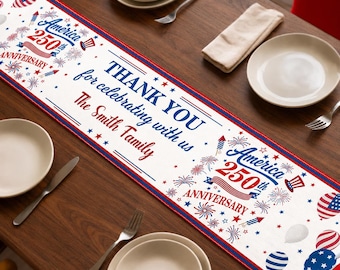 Personalized Cotton Table Runner, America 250th Anniversary Table Decor, Custom Family Name 4th of July Party Runner