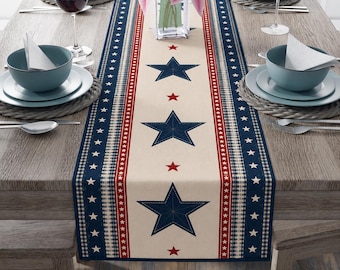 Cotton Patriotic Table Runner, Americana Star Table Decor, Red White Blue Farmhouse Runner, 4th of July Dining Decor
