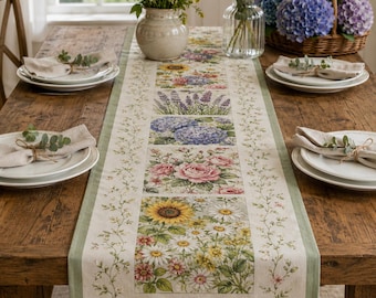 Floral Cotton Table Runner, Spring Garden Table Decor, Wildflower Farmhouse Runner, Cottagecore Dining Room Decor