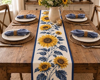 Cotton Sunflower Table Runner, Blue Floral Farmhouse Runner, Summer Flower Dining Decor, Rustic Kitchen Table Decor