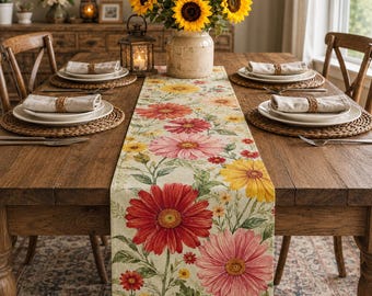 Floral Cotton Table Runner, Colorful Daisy Farmhouse Decor, Spring Summer Dining Table Accent