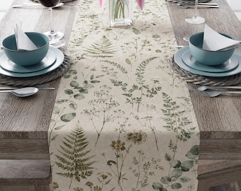 Cotton Botanical Table Runner, Green Fern Table Decor, Wildflower Farmhouse Runner, Cottagecore Dining Room Decor