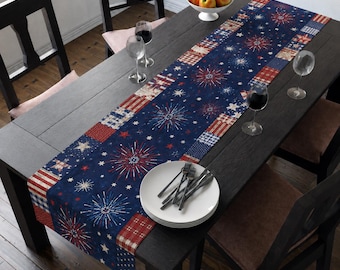 Patriotic Cotton Table Runner, 4th of July Table Decor, Stars and Stripes Farmhouse Runner, Americana Dining Room Decor