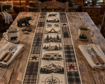 Rustic Cabin Cotton Table Runner, Bear Camping Table Decor, Lodge Farmhouse Runner, Woodland Dining Room Decor