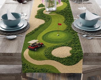 Cotton Golf Table Runner, Golf Course Table Decor, Green Fairway Runner, Golfer Gift Dining Room Decor