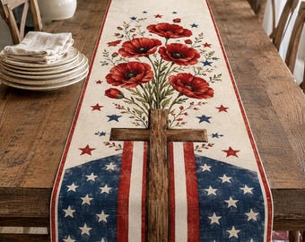 Christian Patriotic Cotton Table Runner, Poppy Cross American Flag Decor, Rustic Farmhouse Table Accent