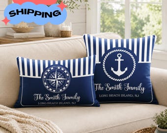 Personalized Nautical Pillow, Custom Family Name Throw Pillow, Anchor Coastal Decor, Beach House Pillow, Lake House Gift, Navy Sailor Pillow