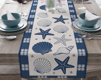 Cotton Coastal Table Runner, Seashell Starfish Table Decor, Blue Beach Farmhouse Runner, Summer Dining Room Decor