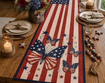 Patriotic Butterfly Cotton Table Runner, American Flag Farmhouse Decor, Fourth of July Dining Accent
