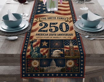 Cotton Personalized 250th Anniversary Table Runner, Custom Family Patriotic Runner, America 250 Dining Decor