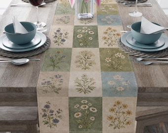 Cotton Floral Table Runner, Cottagecore Wildflower Table Decor, Vintage Patchwork Farmhouse Runner, Spring Dining Decor