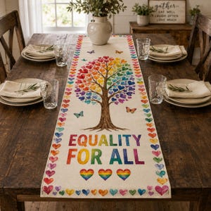 May include: A cream-colored table runner featuring a central tree with a canopy of rainbow-colored hearts, butterflies, and the text "EQUALITY FOR ALL" in rainbow lettering. The border is decorated with a repeating pattern of small rainbow hearts.