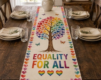 Cotton Equality Table Runner, Rainbow Pride Table Decor, Love Heart Tree Runner, LGBTQ Dining Room Decor