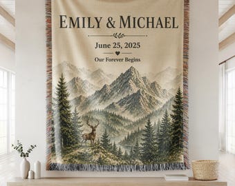100% Cotton Personalized Wedding Woven Blanket, Custom Couple Name Throw Blanket, Mountain Anniversary Gift, Rustic Wedding Keepsake