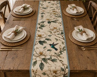 Magnolia Hummingbird Cotton Table Runner, White Floral Farmhouse Decor, Elegant Spring Dining Table Accent