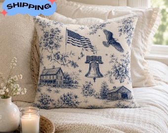 Patriotic Toile Throw Pillow, Vintage Americana Decorative Pillow, Blue Floral American Flag Eagle Farmhouse Decor