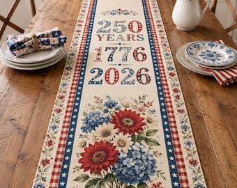 America 250 Cotton Table Runner, Patriotic Floral Farmhouse Decor, 1776–2026 Anniversary Runner