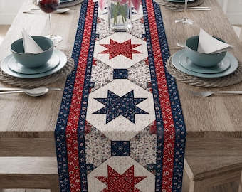 Cotton Patriotic Table Runner, Red White Blue Quilt Runner, Americana Star Table Decor, 4th of July Dining Decor