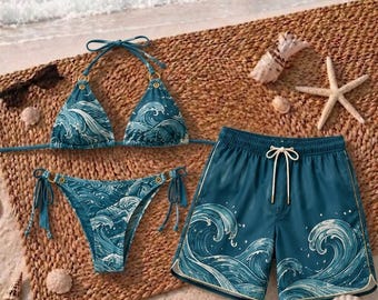 Kanagawa Wave Couple Swimwear, Matching Bikini and Swim Trunks Set, Honeymoon Beachwear