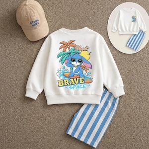 Surfing Rabbit Kids Sweatshirt, Toddler Boy Beach Cartoon Crewneck, White Loose Fit Pullover, Cute Bunny Surf Gift, Fall Winter