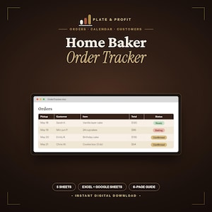 May include: A digital order tracker for home bakers, displayed on a tablet. The screen shows order details, including pickup dates, customer names, items, totals, and statuses. The image also includes the text "Home Baker Order Tracker."