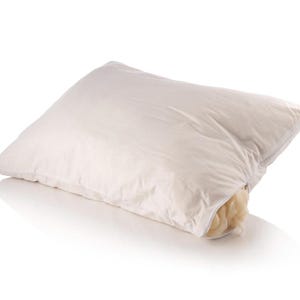 May include: A rectangular white pillow with a smooth fabric cover and a zippered side opening. The zipper is partially open, revealing a soft, cream-colored, textured wool or fiber filling inside the pillow casing against a plain white background.