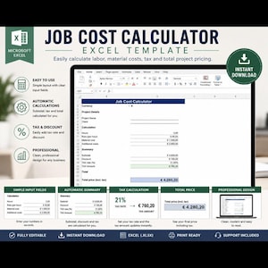 Op de afbeelding: Een Microsoft Excel-sjabloon met de titel "Job Cost Calculator" wordt weergegeven op een laptopscherm. De sjabloon is ontworpen om arbeid, materiaalkosten, belastingen en de totale projectprijs te berekenen. De afbeelding bevat de tekst "Direct downloaden".