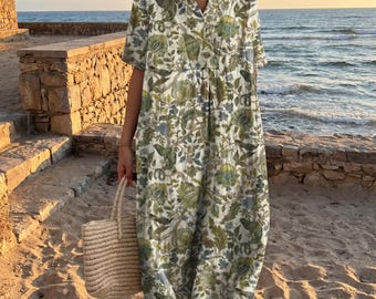 Vestido caftán botánico costero, vestido largo holgado con escote en V para verano, ropa de estilo bohemio para vacaciones, vestido ligero para estar en casa, tallas grandes hasta 3XL