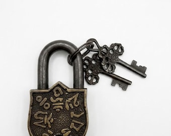 Vintage Brass Tibetan Padlock with Ornate Keys, Mantra Lock, Buddhist Evil Eye Protection