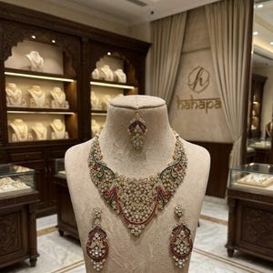 Conjunto de joyas nupciales con rubíes rojos y diamantes artificiales blancos / Collar, pendientes y colgante de oro / Joyas para bodas reales indias / Conjunto formal de lujo.